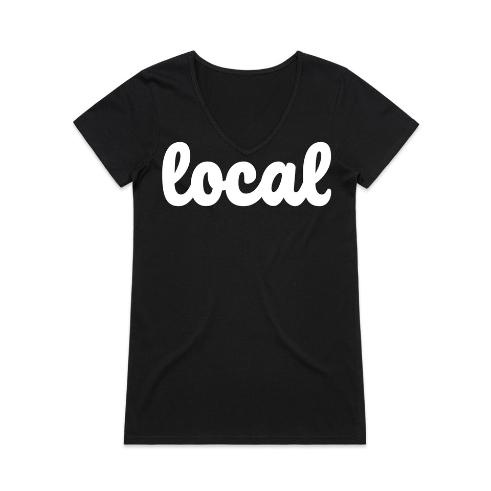 Womens Black 100% cotton T-shirt with Local logo in White