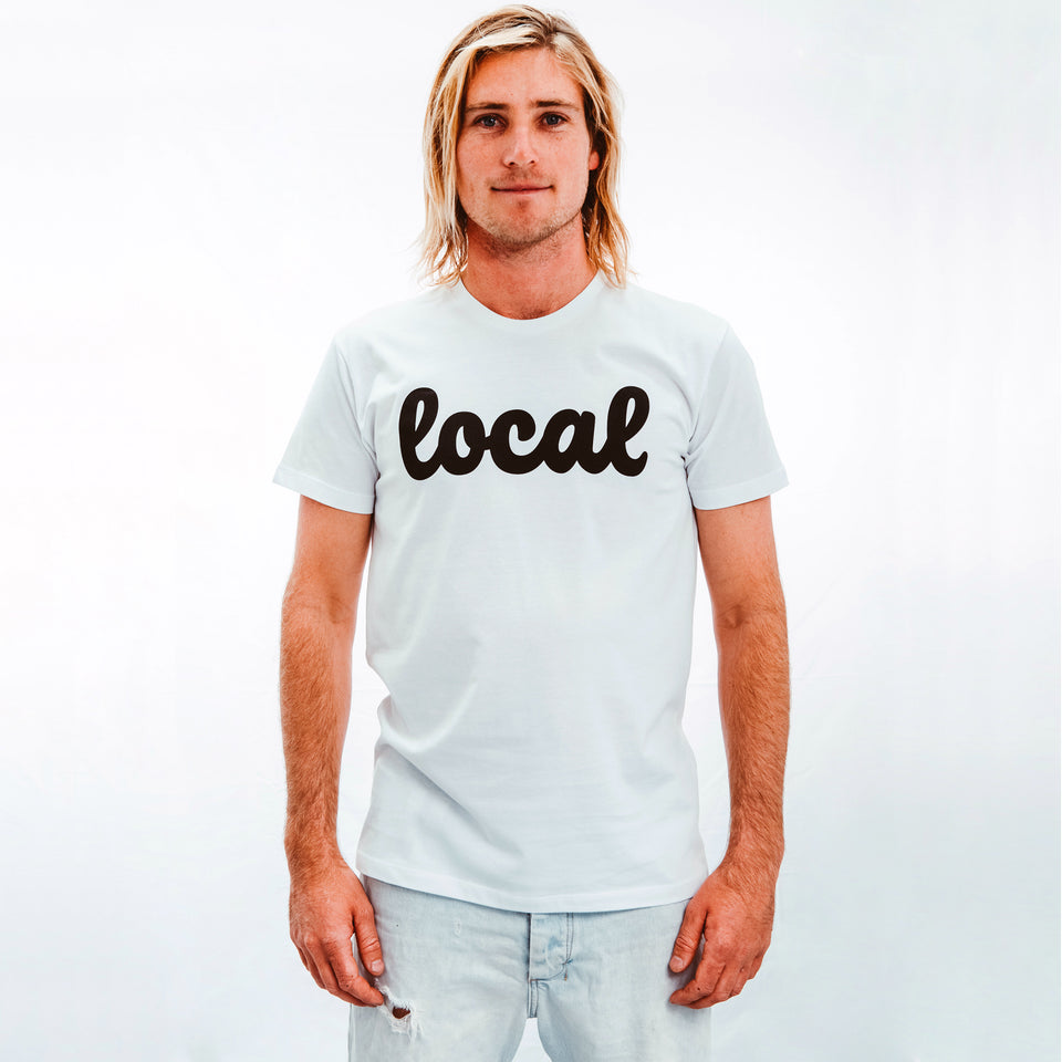 Model shot wearing Mens White 100% cotton T-shirt with Local logo in Black