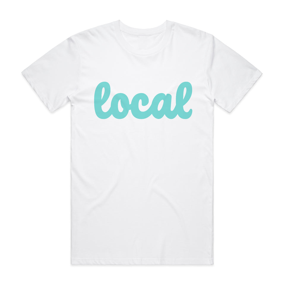 Mens White 100% cotton T-shirt with Local logo in Teal