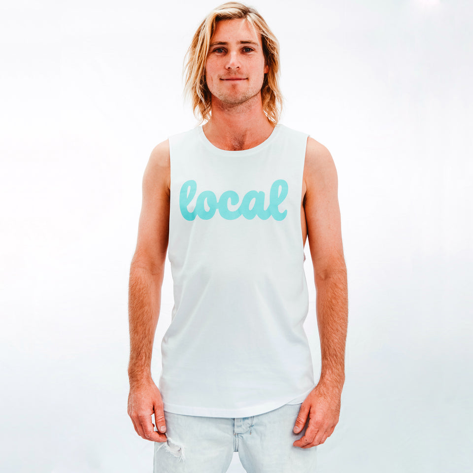 Mens Model Shot wearing White 100% cotton Tank with Local logo in Teal